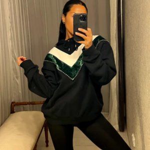 Sandro Paris Studded Chevron Pattern Velour Panel Hoodie Black Green EUC Small